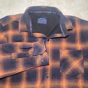 Nomad Mens L Long Sleeve Flannel Black Orange Plaid Shirt Cotton Casual Evermore